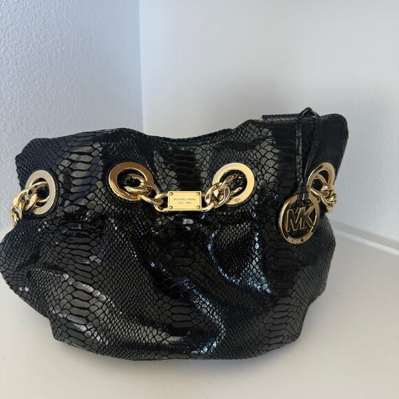MICHAEL Michael Kors Snakeskin Patent Leather Shoulder Bag Black Gold Chain Glam - Picture 12 of 14